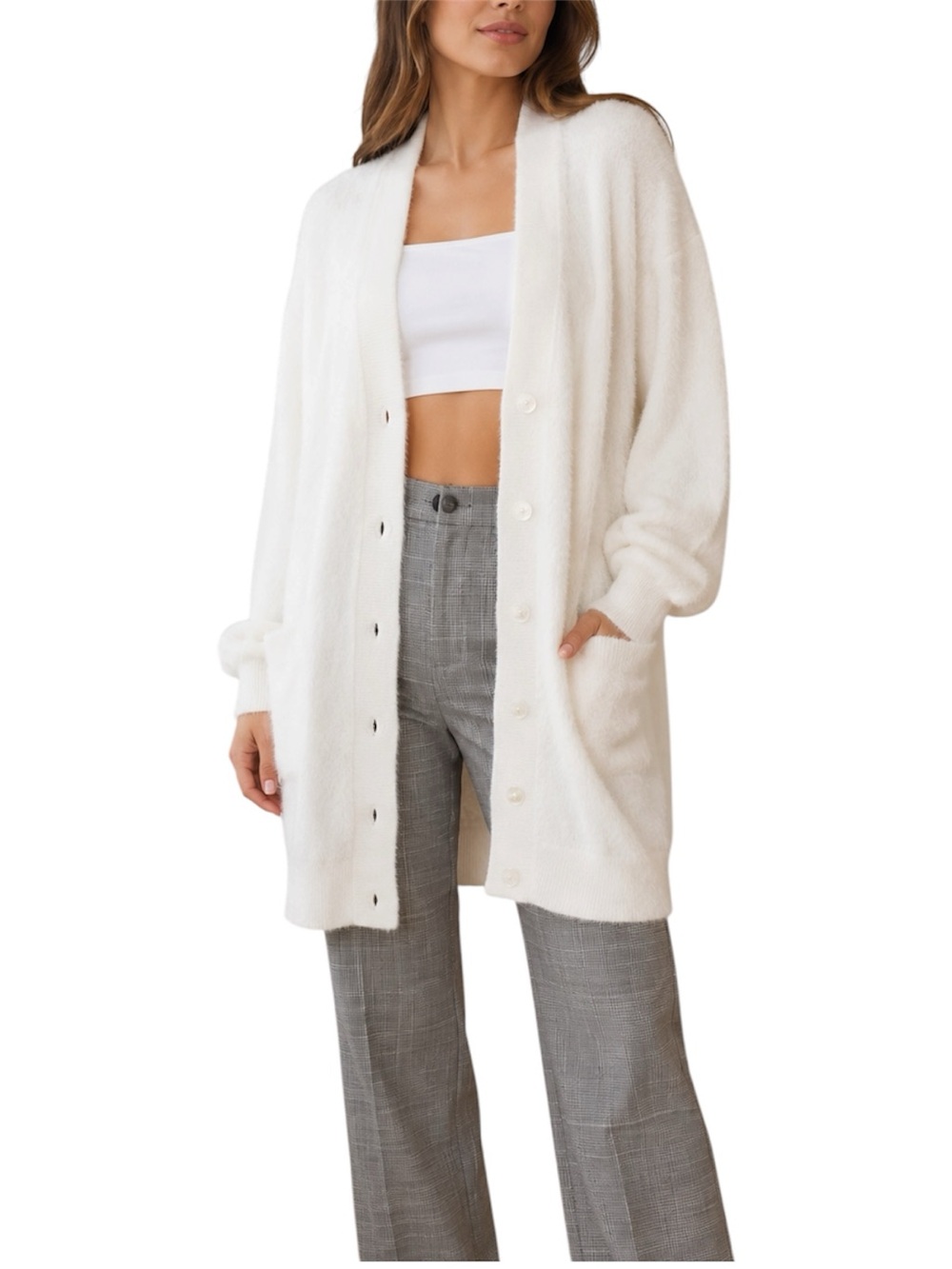 Aritzia Sunday Best Longline White Faux Fur Cardigan Womens Size Medium